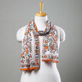  White with Orange Flowers Sanganeri Block Printed Cotton Stole with Beaded Border 
