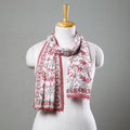  White with Pink Flowers Sanganeri Block Printed Cotton Stole with Beaded Border 