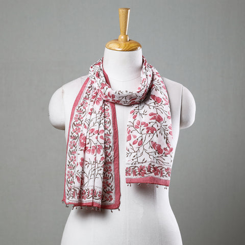  White with Pink Flowers Sanganeri Block Printed Cotton Stole with Beaded Border 