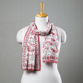  White with Pink Flowers Sanganeri Block Printed Cotton Stole with Beaded Border 