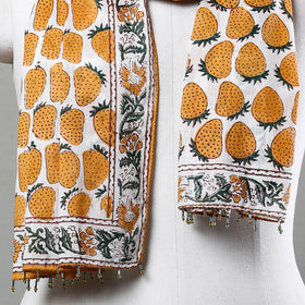 Buy White with Yellow Strawberry Sanganeri Block Printed Cotton Stole with Beaded Border Online at iTokri.com
