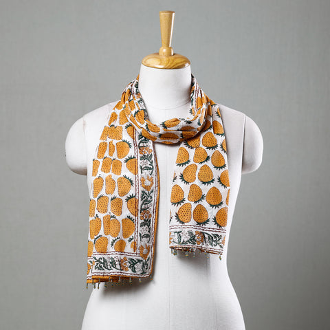 Buy White with Yellow Strawberry Sanganeri Block Printed Cotton Stole with Beaded Border Online at iTokri.com
