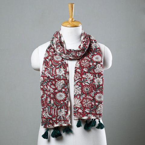  Sanganeri Block Printed Cotton Stole with Tassels 