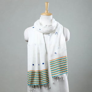 White - Assam Weave Handloom Cotton Thread Motifs Stole with Tassels