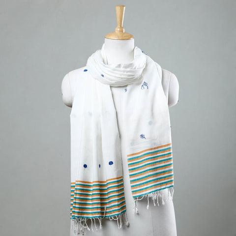 White - Assam Weave Handloom Cotton Thread Motifs Stole with Tassels