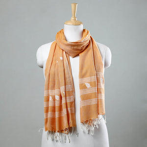Orange - Assam Weave Handloom Cotton Thread Motifs Stole with Tassels