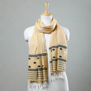 Beige - Assam Weave Handloom Cotton Thread Motifs Stole with Tassels