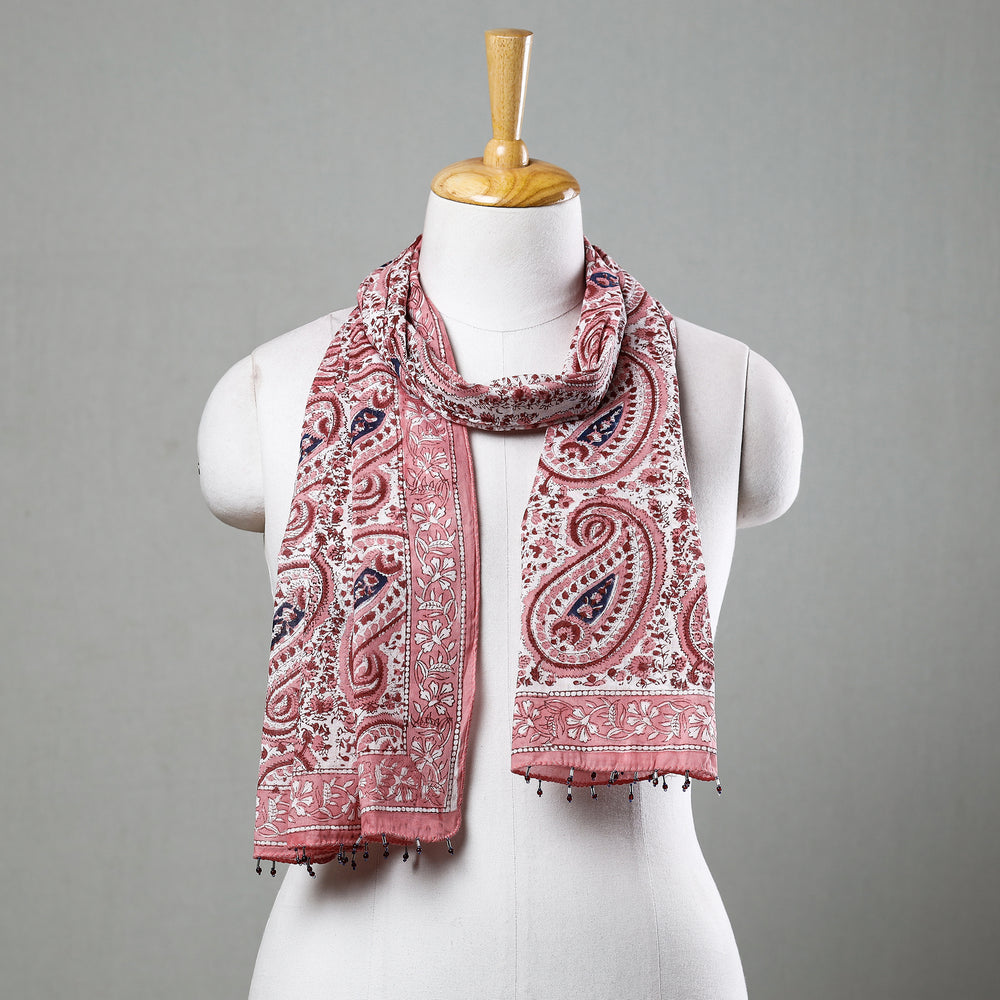 Pink with Paisley Sanganeri Block Printed Cotton Stole with Beaded Border