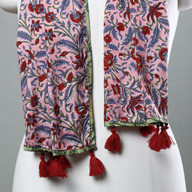 Pink - Sanganeri Block Printed Cotton Stole with Tassels