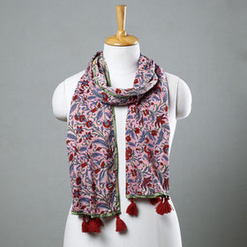 Pink - Sanganeri Block Printed Cotton Stole with Tassels