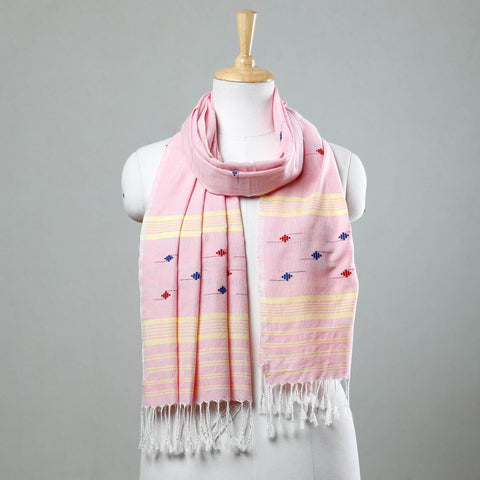 Pink - Assam Weave Handloom Cotton Thread Motifs Stole with Tassels