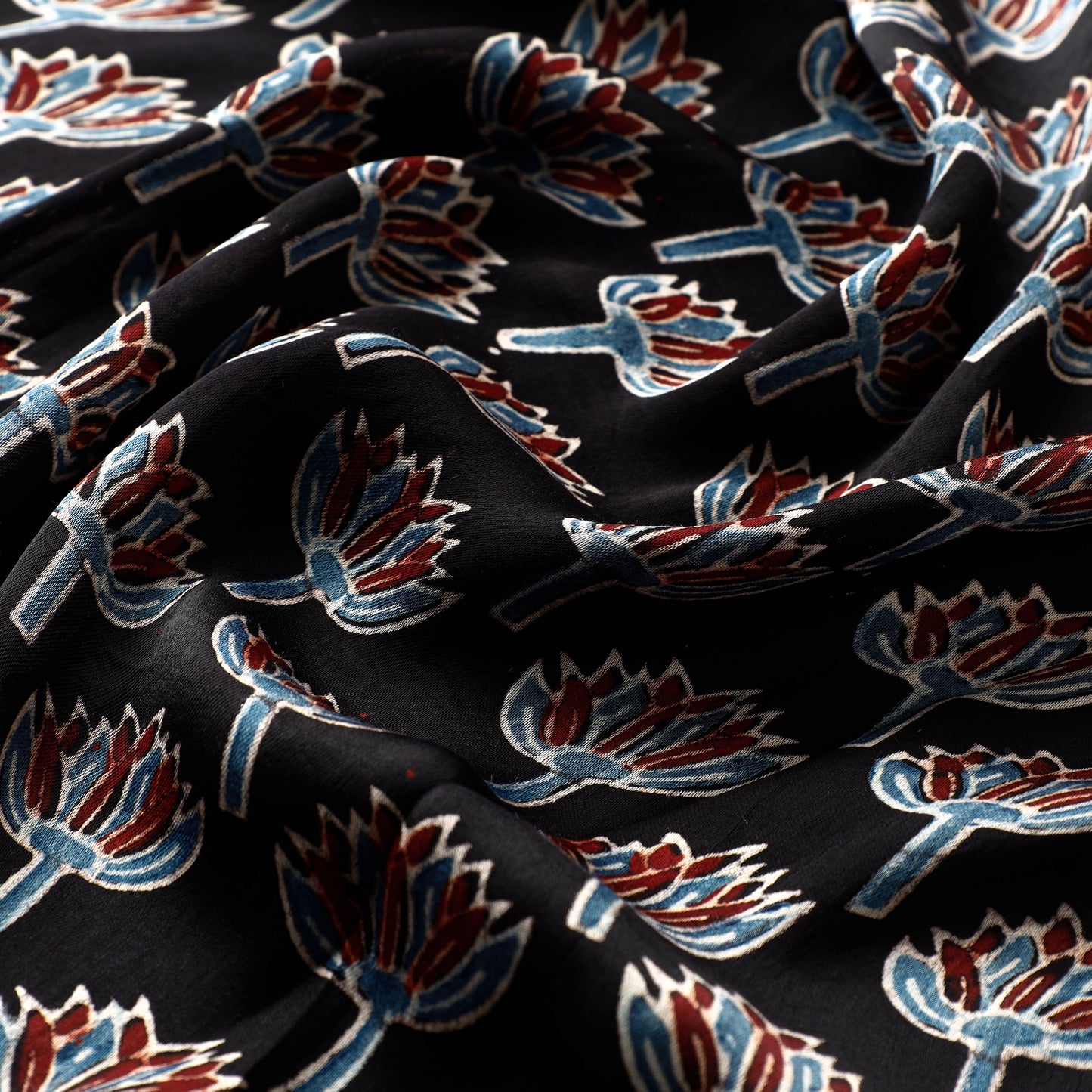 Black - Ajrakh Hand Block Printed Modal Silk Precut Fabric (1.5 meter)