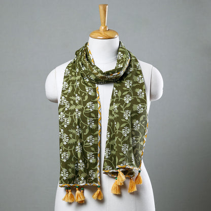 Green - Sanganeri Block Printed Cotton Stole with Tassels