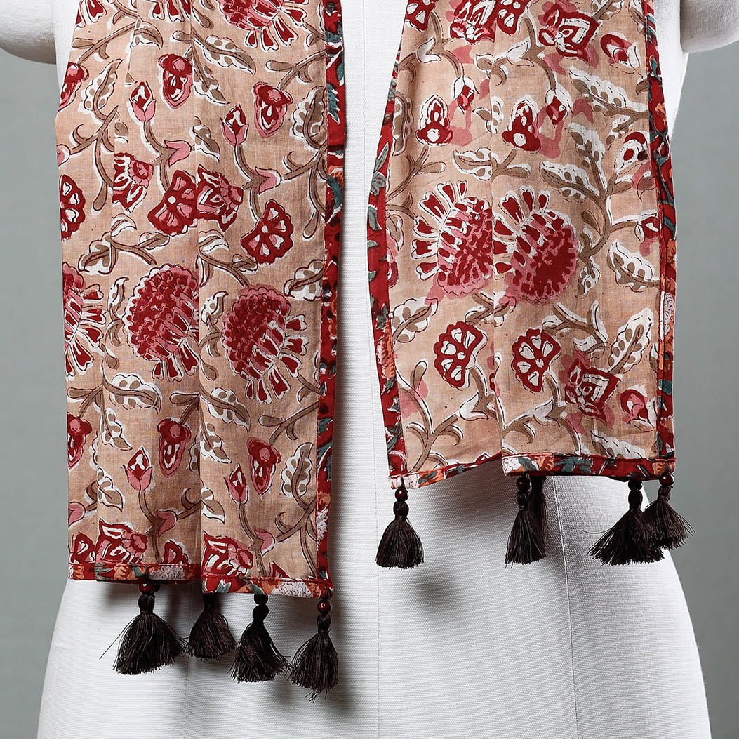 Peach - Sanganeri Block Printed Cotton Stole with Tassels