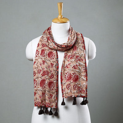 Peach - Sanganeri Block Printed Cotton Stole with Tassels