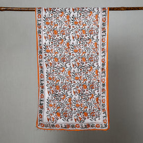  White with Orange Flowers Sanganeri Block Printed Cotton Stole with Beaded Border 