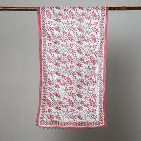  White with Pink Flowers Sanganeri Block Printed Cotton Stole with Beaded Border 