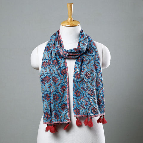 Blue - Sanganeri Block Printed Cotton Stole with Tassels