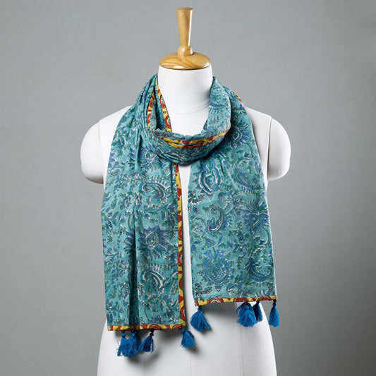 Blue - Sanganeri Block Printed Cotton Stole with Tassels