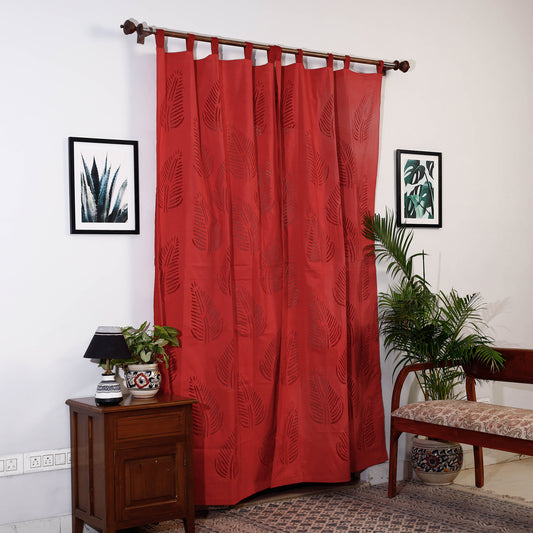 Red - Applique Leaves Cutwork Cotton Door Curtain from Barmer (7 x 3.5 feet) (single piece)