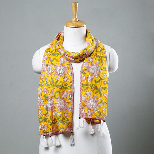 Yellow - Sanganeri Block Printed Cotton Stole with Tassels