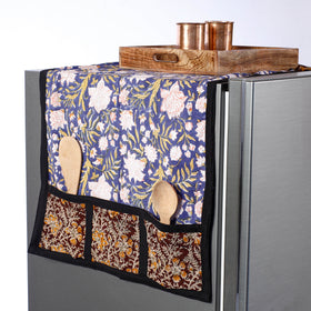 Blue Sanganeri Block Printed Cotton Fridge Top Cover with Multiple Pockets