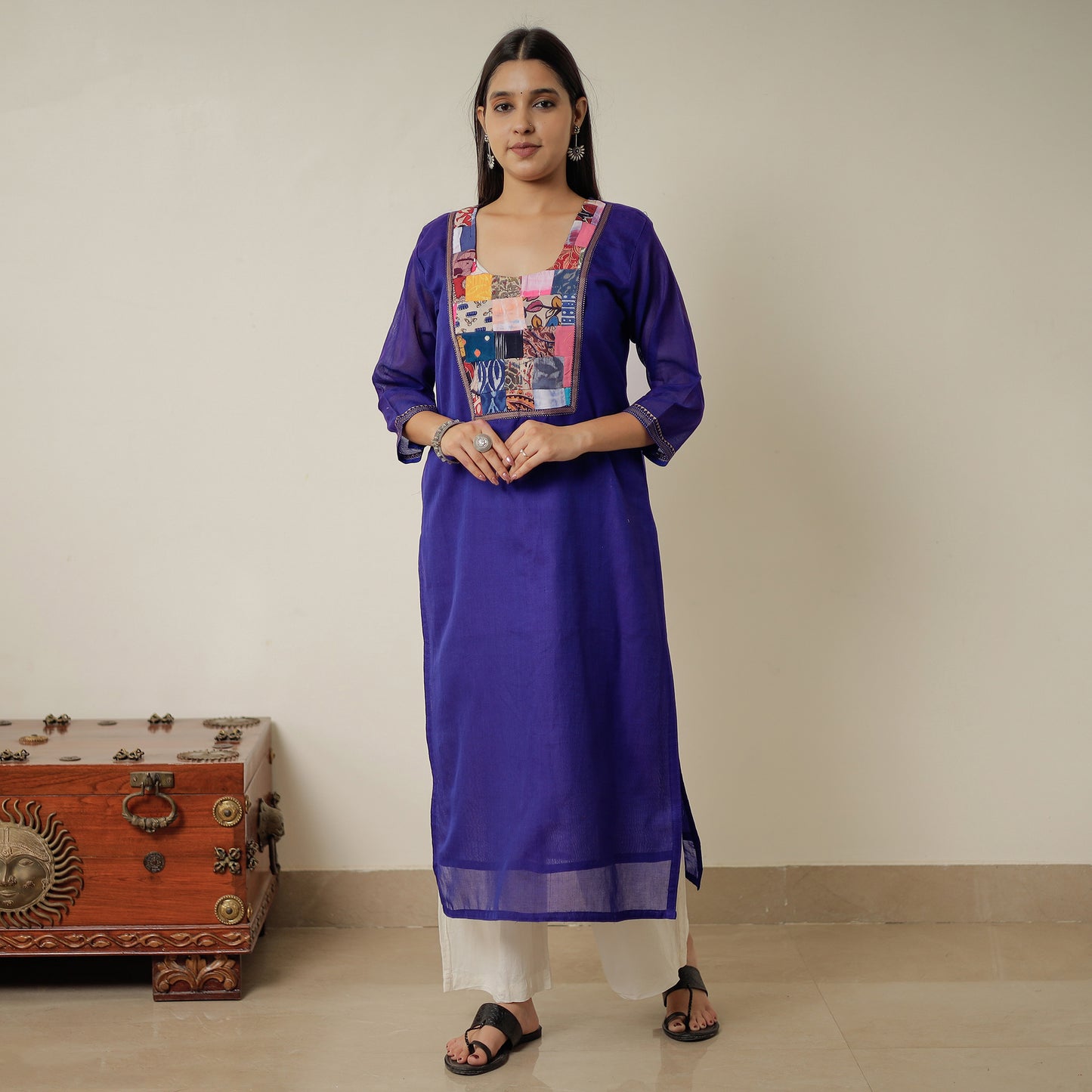 Purple - Dharwad Mercerised Cotton Straight Kurta with Patchwork 16