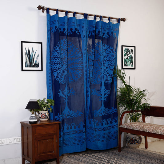 Blue - Applique Tree Cutwork Cotton Door Curtain from Barmer (7 x 3.5 feet) (single piece)