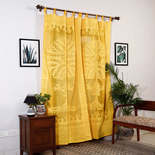 Yellow - Applique Tree Cutwork Cotton Door Curtain from Barmer (7 x 3.5 feet) (single piece)