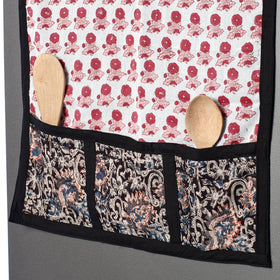  White Sanganeri Block Printed Cotton Fridge Top Cover with Multiple Pockets