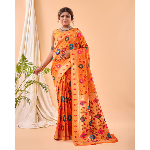 Orange - Radhika Yellow Paithani Silk Handwork Saree