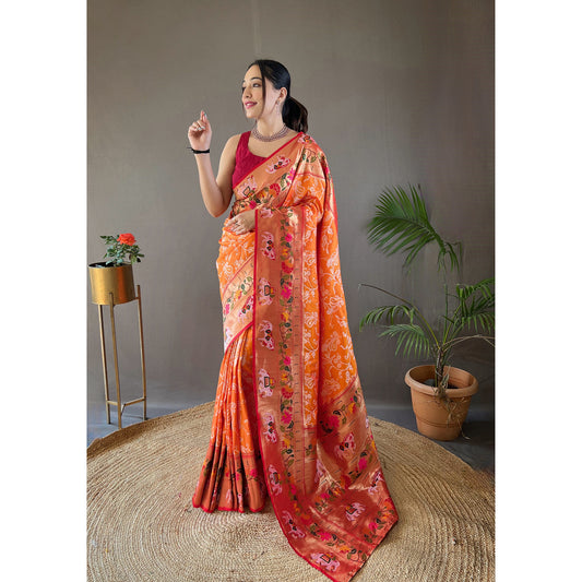 Orange - Godavari Yellow Silk Handwork Saree