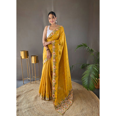 Narmada Yellow Tussar Silk Handwork Saree