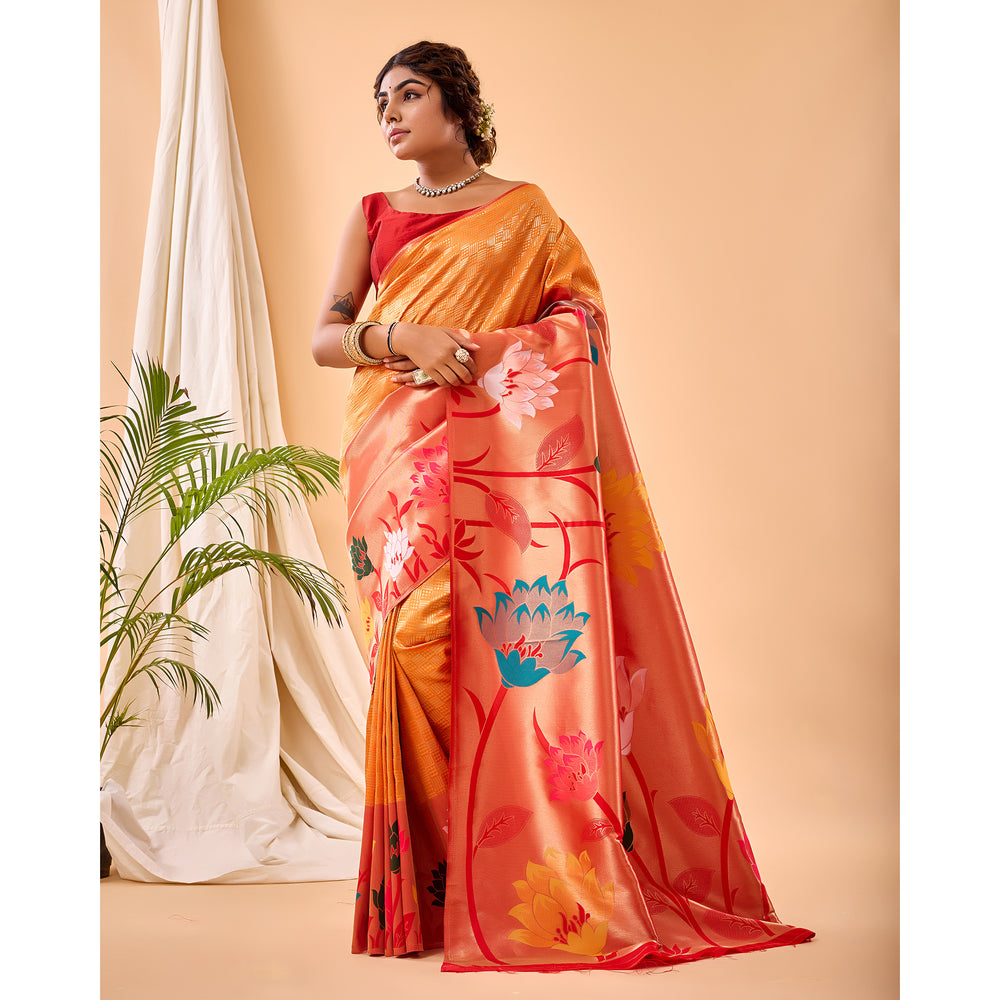 Orange - Fulrani Yellow Paithani Silk Handwork Saree