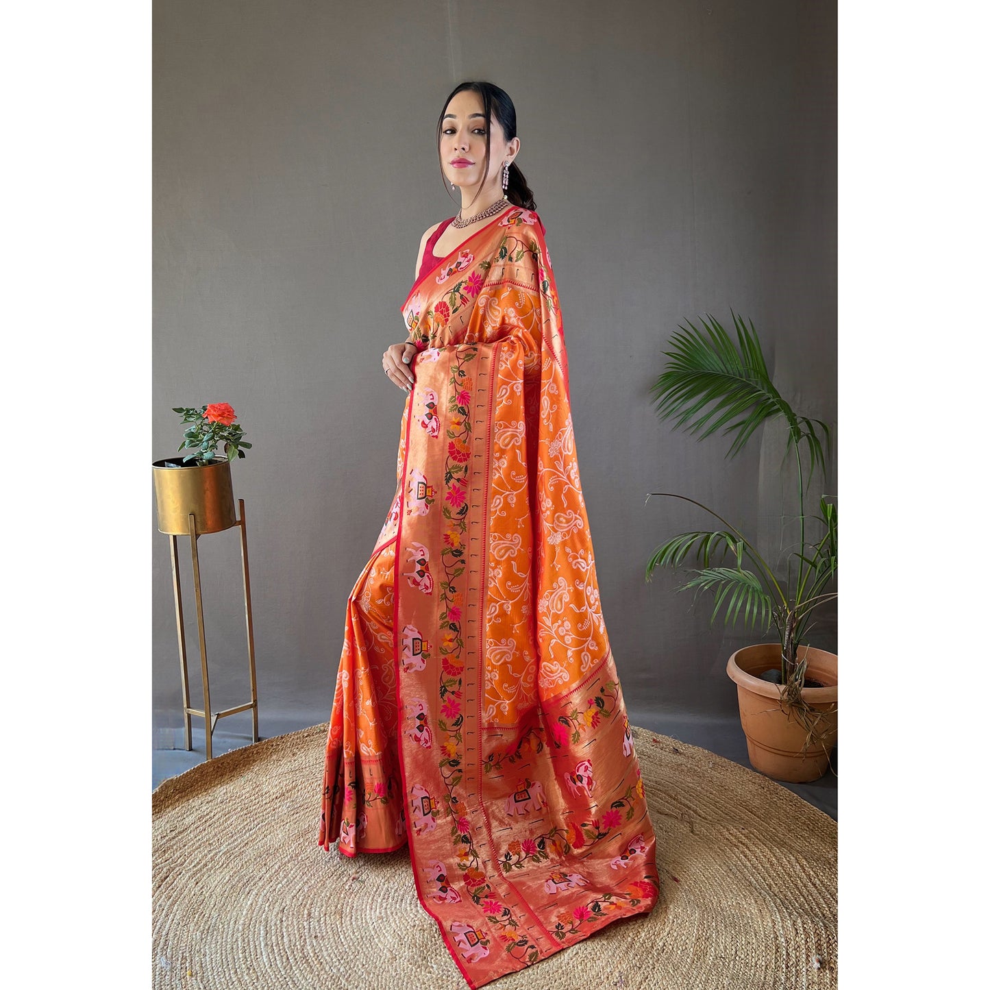 Orange - Godavari Yellow Silk Handwork Saree