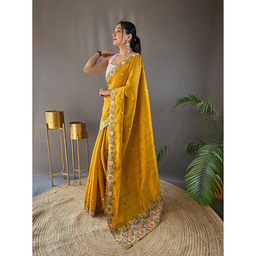 Narmada Yellow Tussar Silk Handwork Saree