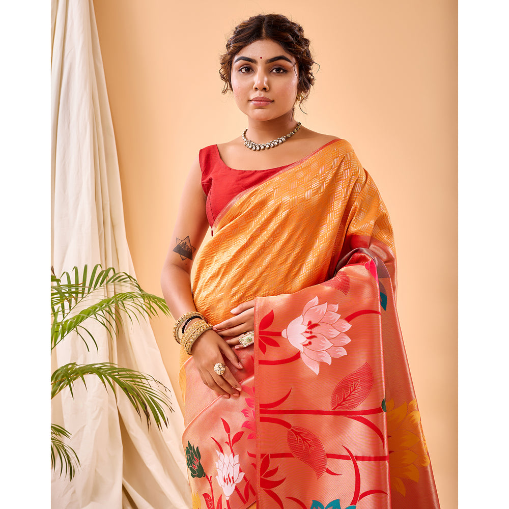 Orange - Fulrani Yellow Paithani Silk Handwork Saree