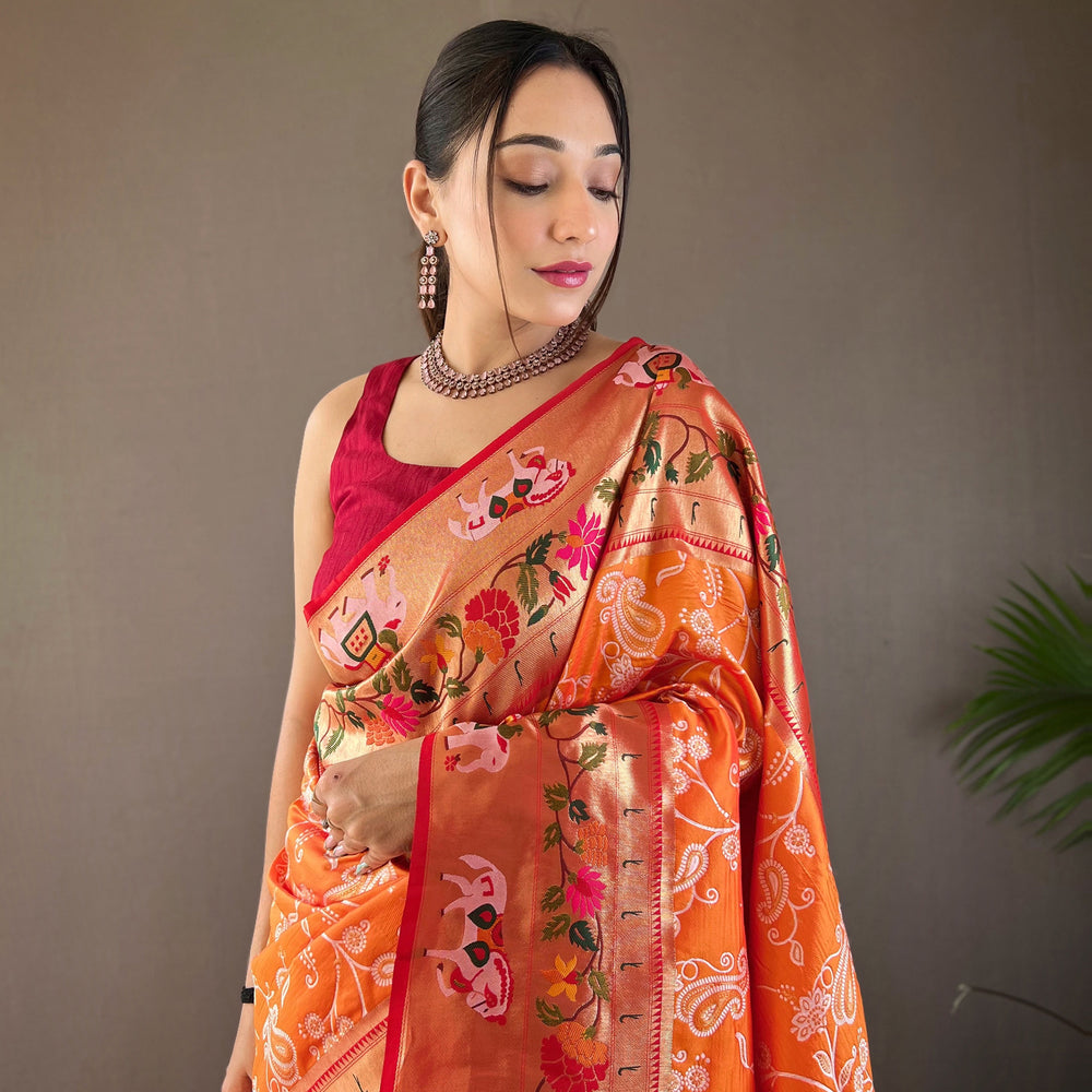 Orange - Godavari Yellow Silk Handwork Saree