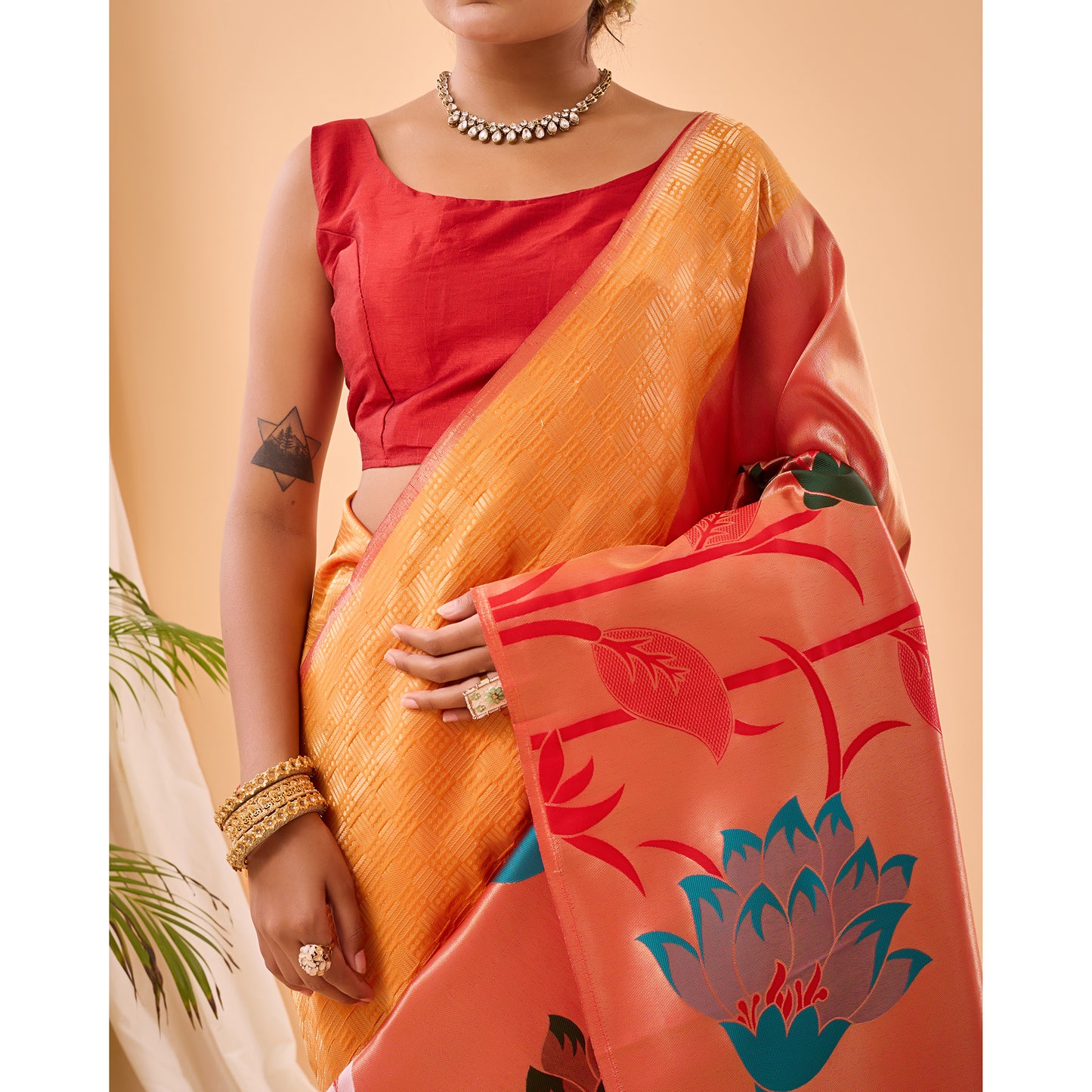 Orange - Fulrani Yellow Paithani Silk Handwork Saree