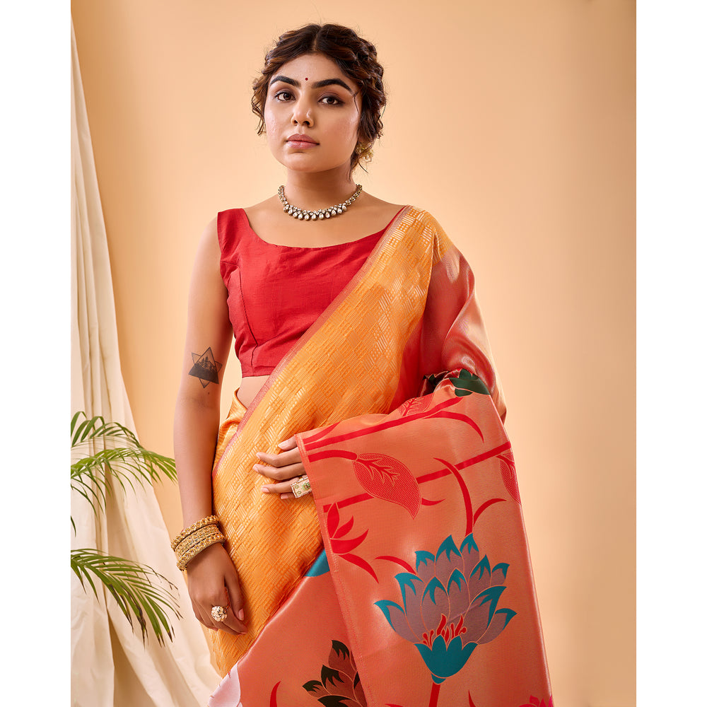 Orange - Fulrani Yellow Paithani Silk Handwork Saree