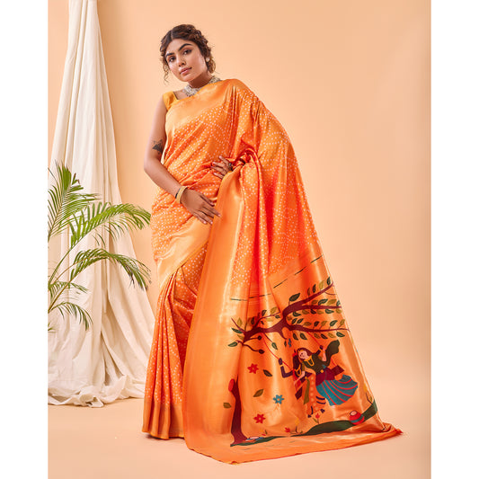 Orange - Bandhej Paithani Yellow Paithani Silk Handwork Saree