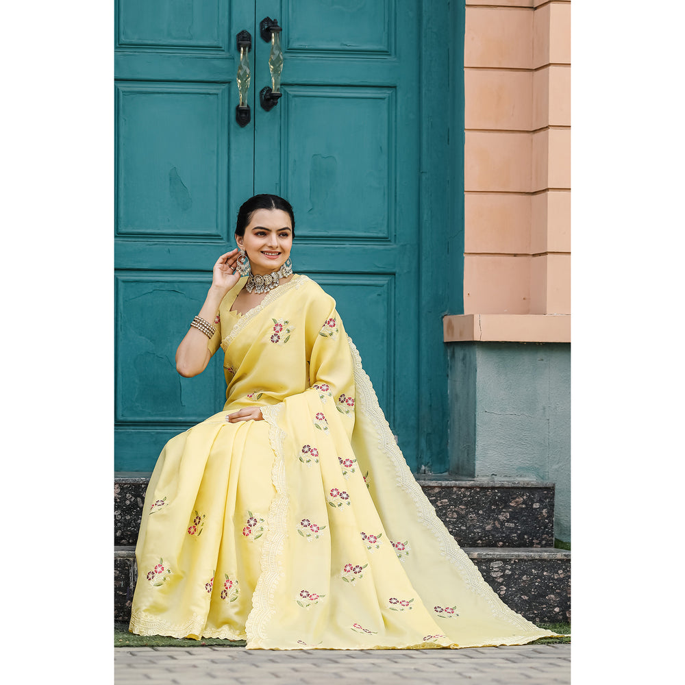 Kiran Yellow Tussar Silk Cotton Handwork Saree