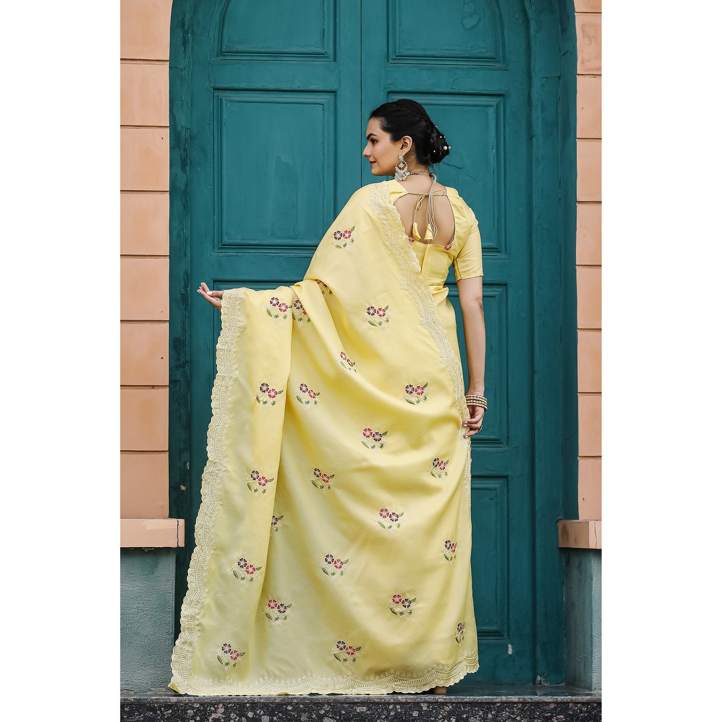 Kiran Yellow Tussar Silk Cotton Handwork Saree