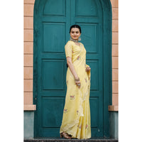 Kiran Yellow Tussar Silk Cotton Handwork Saree