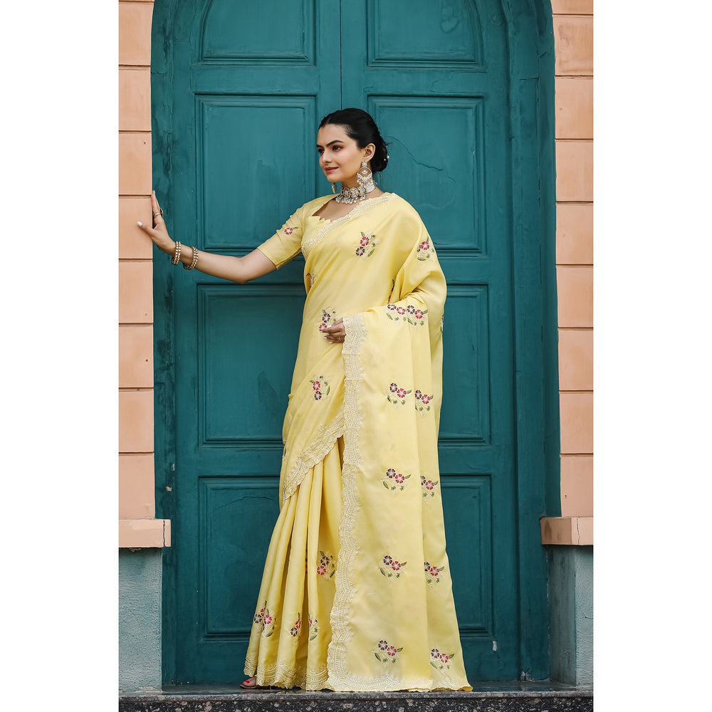 Kiran Yellow Tussar Silk Cotton Handwork Saree