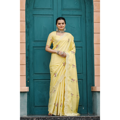 Kiran Yellow Tussar Silk Cotton Handwork Saree