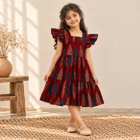 Pure Cotton Girls Tiered Frock Dress in Ajrakh Block Print (3-4 Years) 38