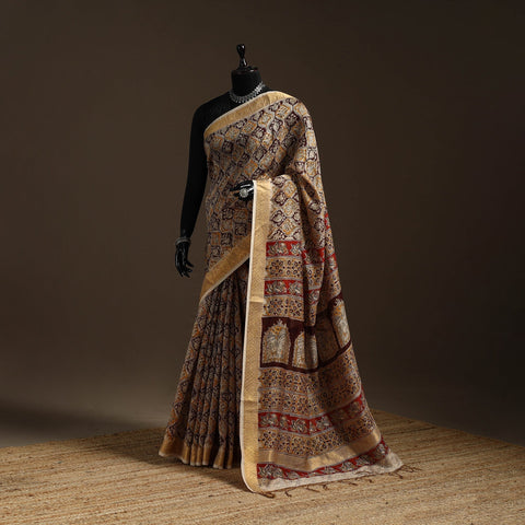 Brown - natural dyed pedana chanderi silk kalamkari saree