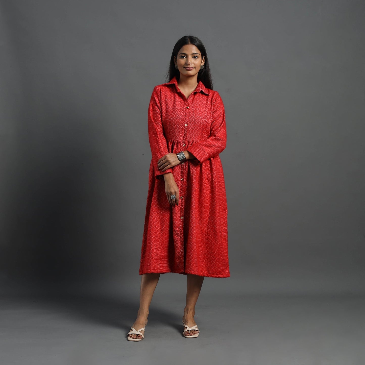 Buy Aaisha Red Plain Button Down Woollen Dress Online