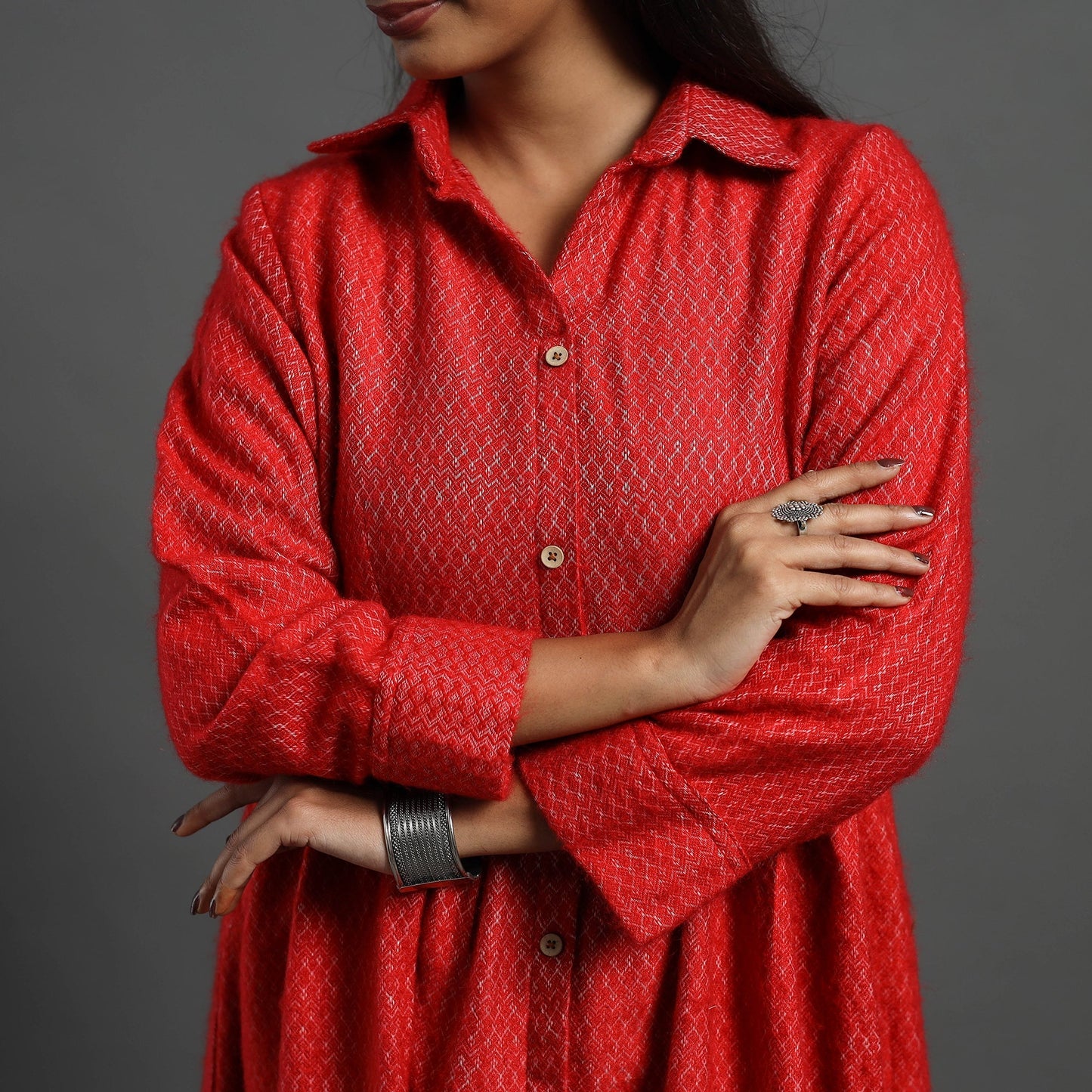 Buy Aaisha Red Plain Button Down Woollen Dress Online